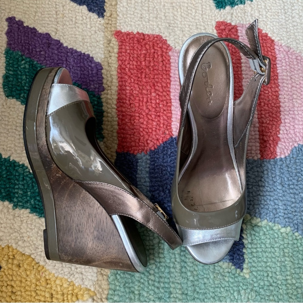 Boden Metallic & Patent Leather Wood Wedge Platform Peep Toe Sandals